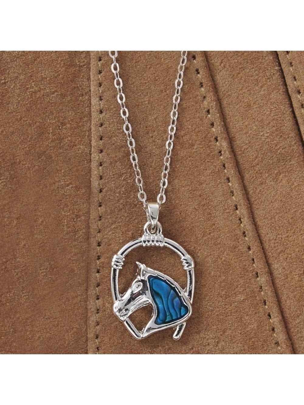Abalone Shell Horse Framed with Horseshoe Necklace - New In Package
